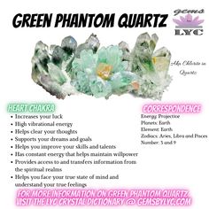 the green phanom quartz crystal is shown in this poster, with information about its properties