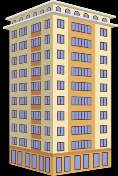 a tall building with lots of windows on the top and bottom floor, in front of a white background