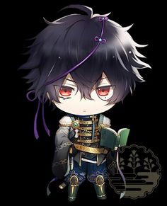 an anime character with black hair and red eyes, holding a book in his hand