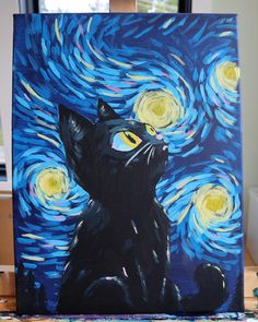 a painting of a black cat sitting in front of a night sky with stars on it