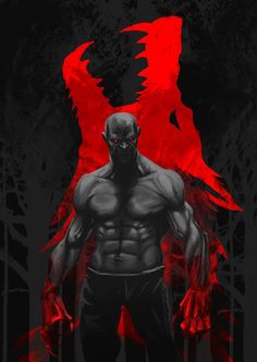 a man standing in front of a red demon