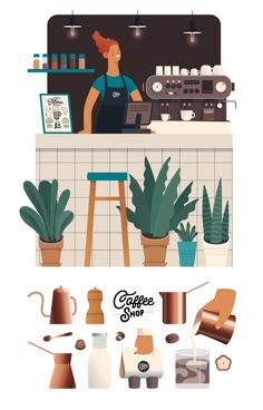 a woman is working at the counter in a coffee shop, surrounded by potted plants