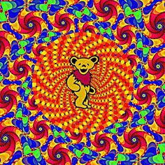 a colorful circular design with a teddy bear on it's chest and an abstract background
