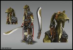 the concept art for an animated video game character is shown in three different poses, including a