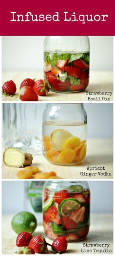 four different types of fruit in jars with the words infused liquor on top and bottom