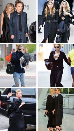 many different pictures of women walking down the street in their black outfits and shoes, one is