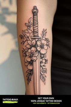 Coolest Dagger Tattoo Ideas: A Symbol of Strength, Honor, and Duality - Tattoo Build Dagger With Floral Design, Dagger Tattoo With Flowers, Flower Dagger Tattoo, Floral Dagger Tattoo, Dagger Flower Tattoo, Dagger With Flowers Tattoo, Rose Dagger Tattoo, Dagger And Flower Tattoo, Dagger With Flowers