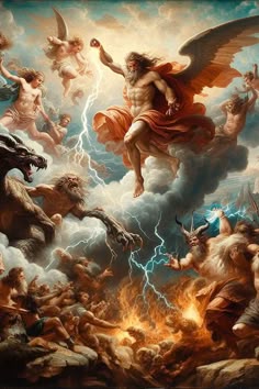the painting depicts an angel surrounded by other angels and demon like creatures, with lightning in the background