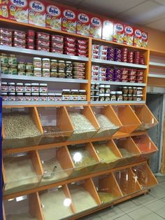 shelves filled with cereal and rice in a store