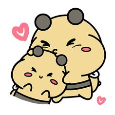 two cartoon bears hugging each other with hearts in the background