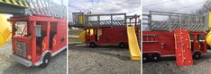 three different views of a fire truck with slide and ladders on the front, side and back sides