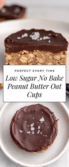 no bake peanut butter oat cups on a plate with text overlay that reads perfect every time low sugar no bake peanut butter oat cups
