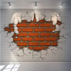 a brick wall with a hole in the middle that has been painted red and white