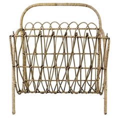 an old wicker basket with handles is shown on a white background and has no people around it