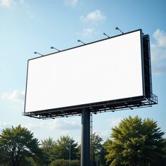 an empty billboard with birds on it in the middle of a parking lot next to trees