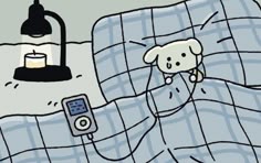 a cartoon dog laying in bed with an alarm clock next to it and a lamp on the wall