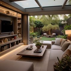 a living room filled with furniture and a flat screen tv mounted to the wall above it