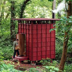 Instagram Outdoor Bathhouse Design, Outdoor Sauna Bath House, Outdoor Bathhouse, Outdoor Outhouse In Nature, Outdoor Bath House Cabin, Outdoor Sauna Structure, Outdoor Toilet In Forest, Redwood Bath House, Rustic Outdoor Toilet Structure