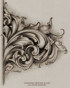 a drawing of an ornate design with swirls and leaves on the bottom half of it