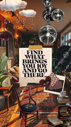 a room filled with lots of different types of furniture and decor on top of a rug