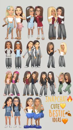 some cartoon characters are posing for different poses and expressions, with the words snapchat cute bestie ideas