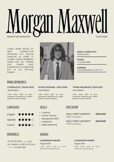 a black and white photo of a person on a resume