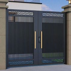 an entrance to a building with two large gates