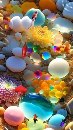 an image of colorful rocks and flowers on the ground