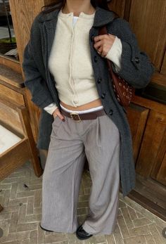 Fall Outfit Trousers, Grey Pants Fall Outfit, Fall Belt Outfit, Ayla Cable Knit Zip Up Brandy Outfit, Cardigan And Belt Outfit, Pinstripe Pants Outfit Fall, Grey Suit Pants Outfit, Cable Knit Zip Up Outfit, Belt Cardigan Outfit