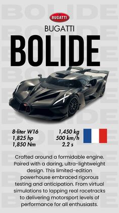 an advertisement for the bugatti bolidee race car, with information about it