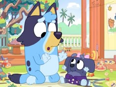 the cartoon dog is sitting on the ground with another dog in front of him and looking at something