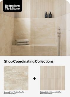 an ad for bathroom tile and stone, with the words shop coordinating collections on it