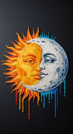the sun and the moon are painted on black paper with paint splatters around them