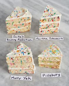 four slices of cake with white frosting and sprinkles