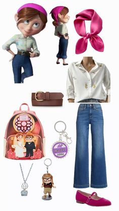 the doll is wearing jeans and a shirt with a pink bow on it's head