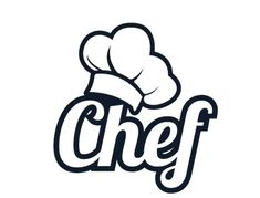 the word chef written in black and white with a chef's hat on top