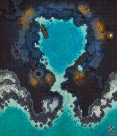 an aerial view of the ocean from above with lights in the water and rocks around it