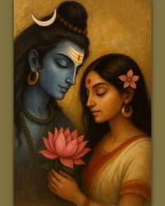 a painting of two women with their eyes closed and one holding a flower in her hand