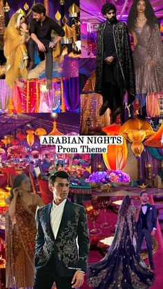 an image of arabian nights prom theme collage with men in tuxedos and women in evening gowns