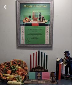a table topped with candles and fruit on top of a blue counter next to a framed poster