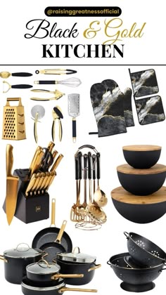 the black and gold kitchen is full of cooking utensils