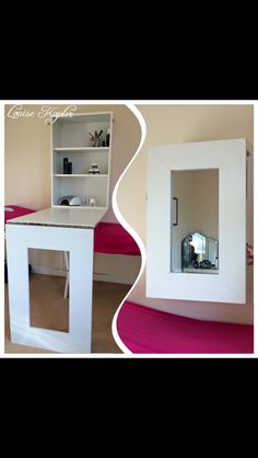 a white table with a mirror on top of it and a shelf in the middle