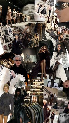 a collage of women in black and white clothing, hats, sunglasses, and accessories