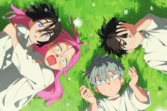 three anime characters laying in the grass with their hands on their hipss and eyes open