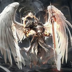 Angel Warrior Concept Art, Angel Swordsman, Angel Warrior Armor, Angelic Warrior, Dnd Angel Warrior, Knight With Angel Wings, Warrior Seraphim, Anime Angel Warrior, Biblical Angel Anime