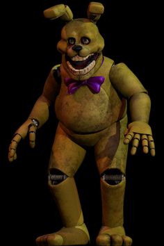 an animated character with big teeth and purple bow tie standing in front of a black background