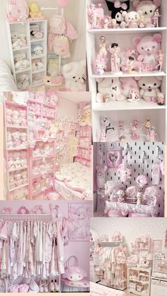 a collage of photos with teddy bears and other items in pinks and whites