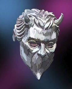 an image of a man's face with horns on his head and eyes open