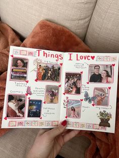 a person holding up a book with pictures on the front and back cover that says things i love