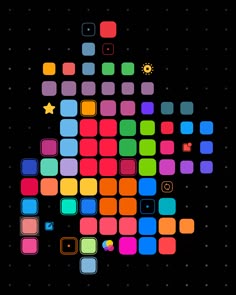 the colorful squares are arranged in rows on black background with stars and circles around them